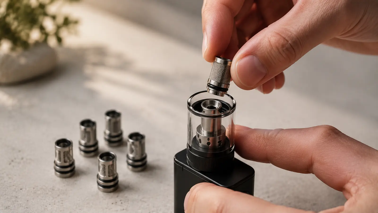 Hand setzt eine neue Mesh-Coil in einen geöffneten Verdampfertank ein, daneben mehrere Ersatz-Coils