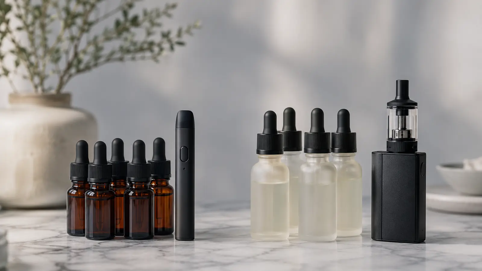 Nikotinsalz- und Freebase-Liquids im Vergleich: kleine Tropfflaschen neben einem Pod-System und einem Box-Mod