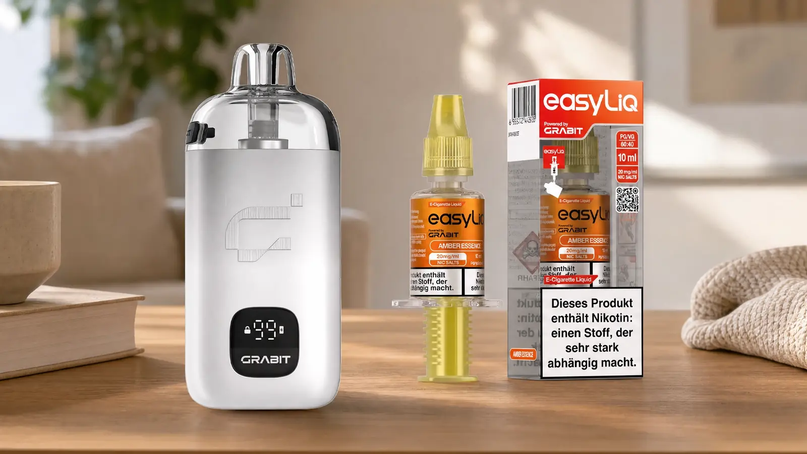 Grabit Max Pod-System mit easyLiq Nikotinsalz-Liquid und Verpackung